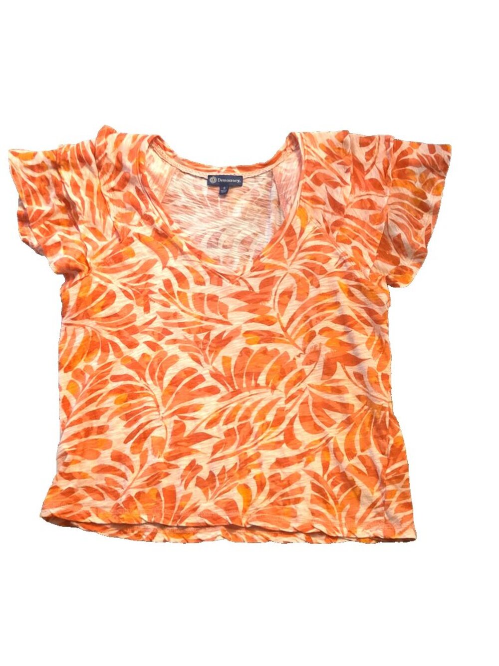 Democracy T Shirt Top Size Small Orang Palm Print Flutter Sleeve Floral